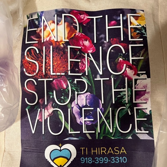 “End The Silence, Stop The Violence” Floral Canvas Tote Bag with Purple Handles - Picture 2 of 6